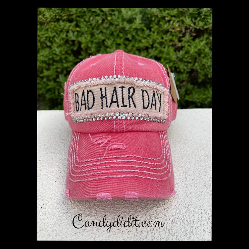 Handmade Bad Hair Day Faded Red Distressed Bling Bling Ball Cap